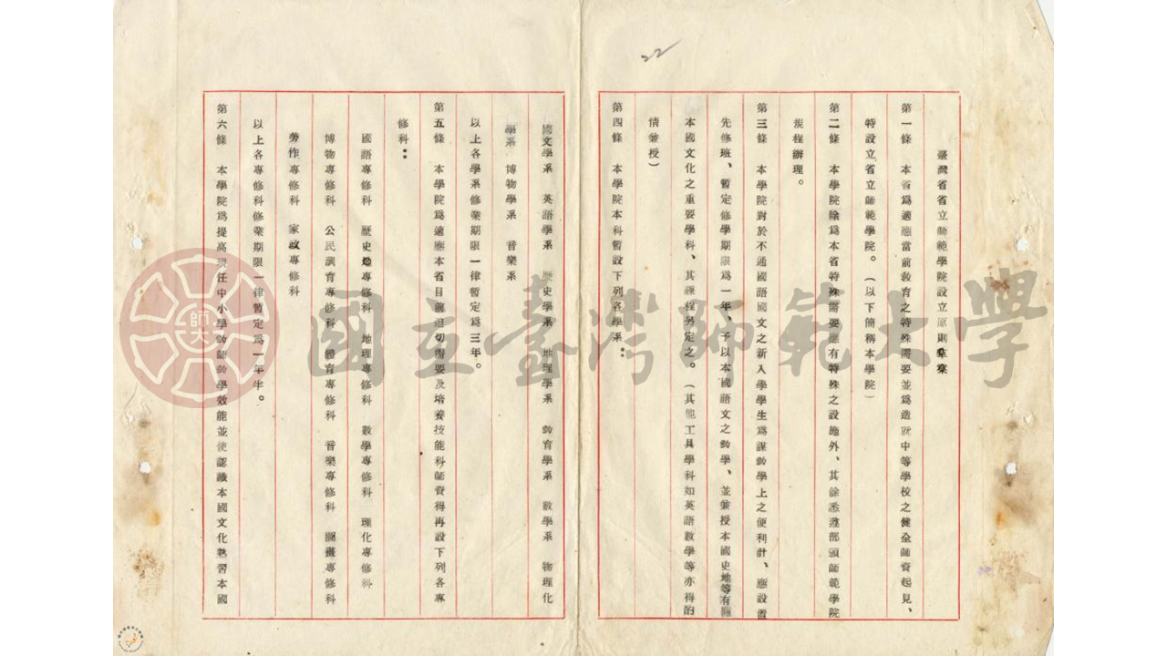 1946年 臺灣省立師範學院設立原則草案